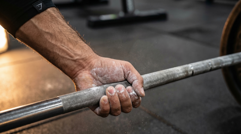Gros plan sur les mains d'un athlète marocain agrippant une barre de musculation avec de la craie