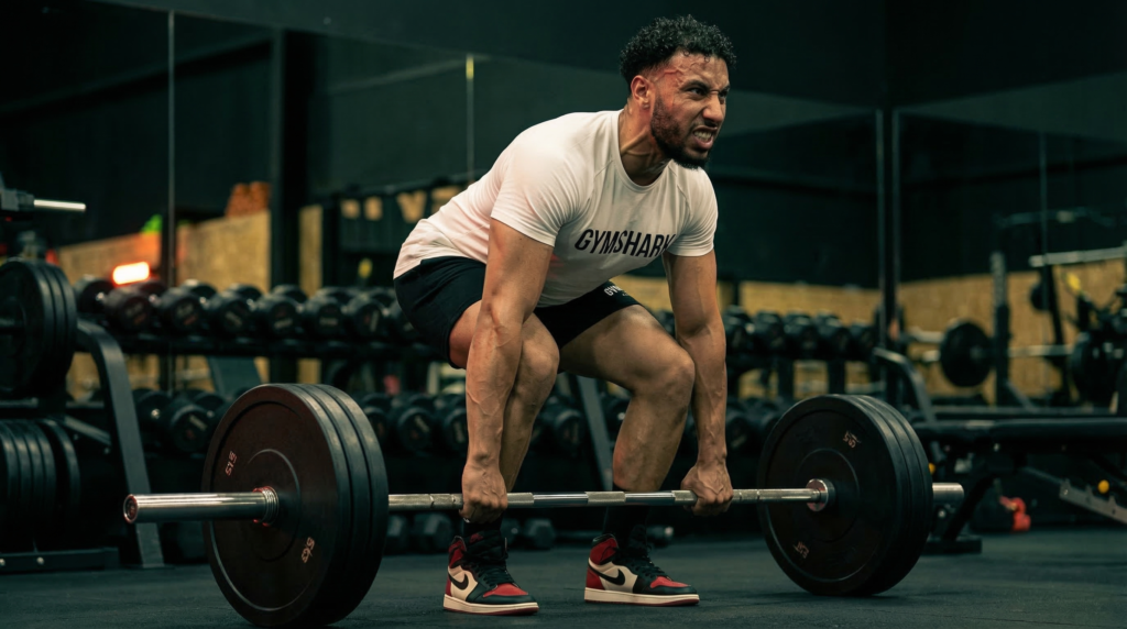 Athlète marocain en Gymshark réalisant un soulevé de terre lourd en salle de musculation