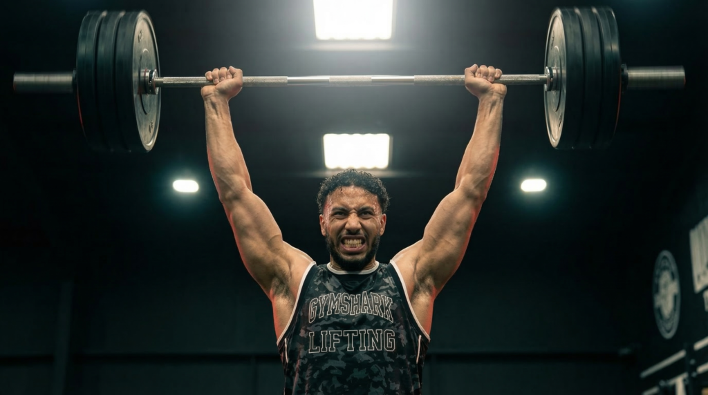 Athlète marocain en Gymshark réalisant un développé militaire explosif en salle de musculation