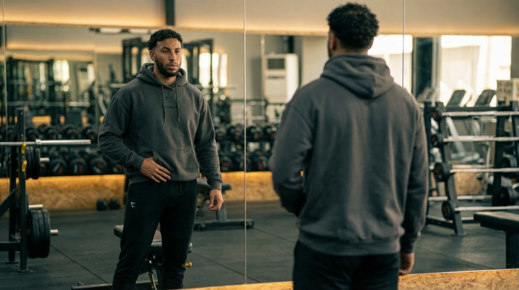 Athlète marocain en hoodie Gymshark devant un miroir de salle de sport au Maroc