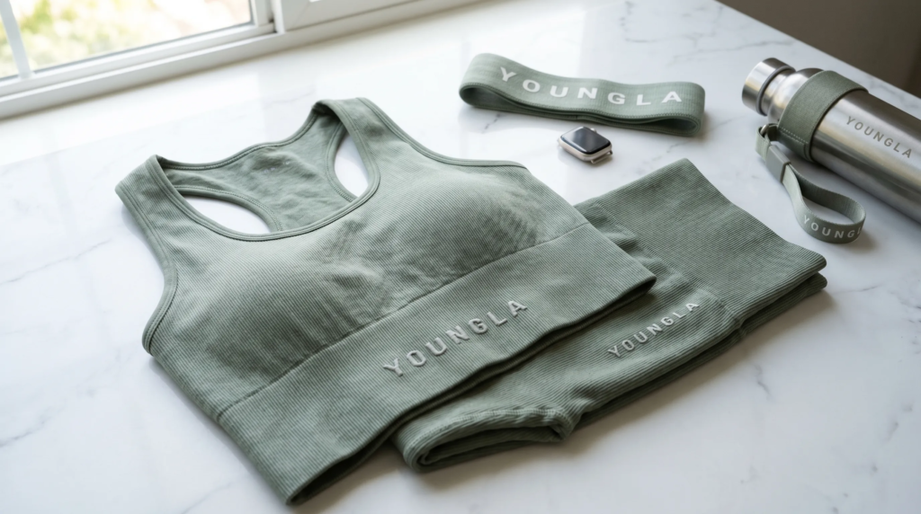Flatlay tenue fitness femme premium — ensemble sport coordonné brassière legging sur surface neutre