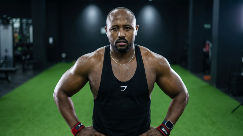 Portrait Ilias Skali regard intense Gymshark gym Maroc sueur
